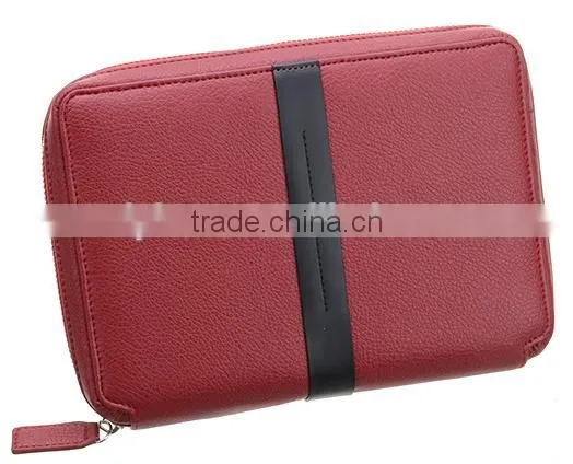 red pu leather notebook holder ring binder case with zip