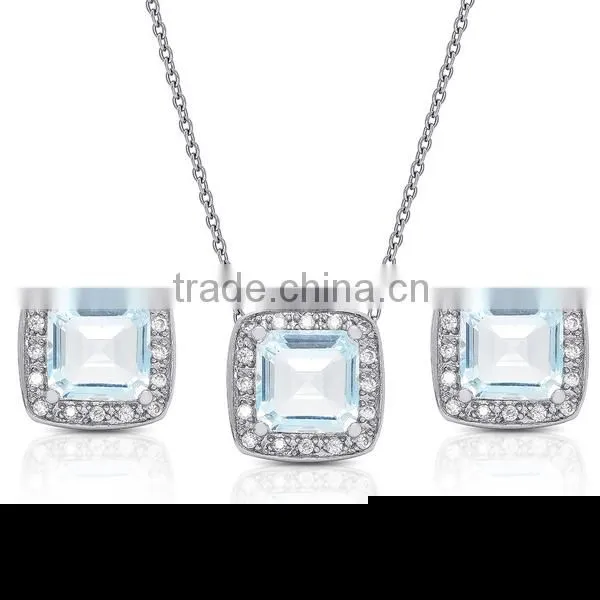Guangzhou Factory Wholesale Sterling Silver Blue Topaz Jewelry Earring and Necklace Set