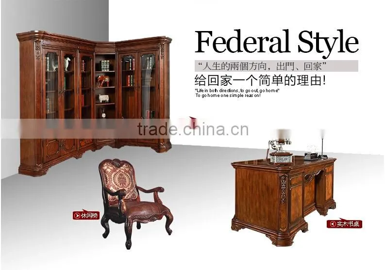 American style wooden bookshelf combination sideboard with glass door and handmade carving AI-202