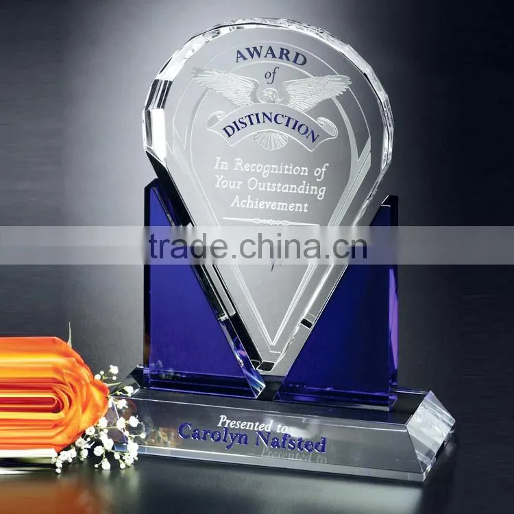 clear crystal diamond shape plaque design office gift with wood base