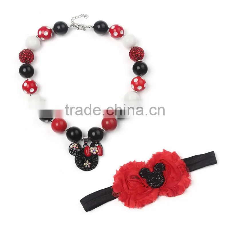 black and white and red mickey necklace and red lace hairband wholesale handmade chunky bubblegum bead necklace