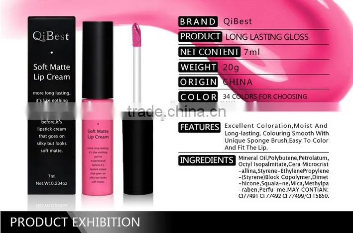QIBEST 34color matte color longlasting lip gloss liquid lipstick cheap price