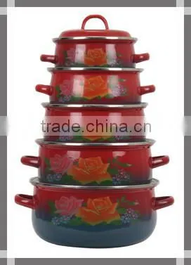 Hot Sale Blue Bottom Full Color Enamel Cookware Pot Set Non-Stick Double Handle Enamel Cooking Pot Set