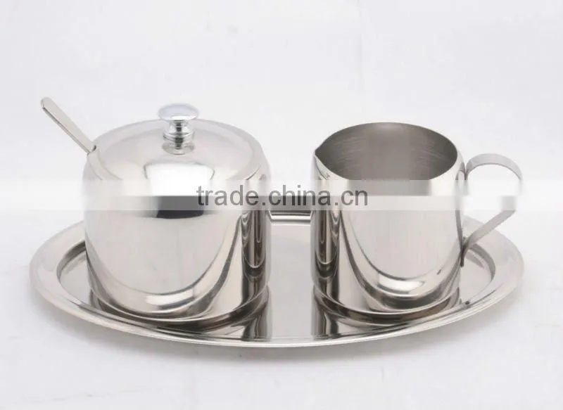 good quality food safety cheap 4 pcs sugar and creamer set stainless steel sugar and milk pot 150ml with round dish