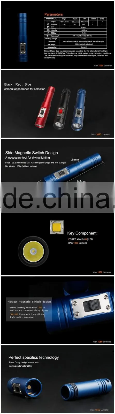 Aluminium material diving equipment Max 1000lm led diving Flashlight