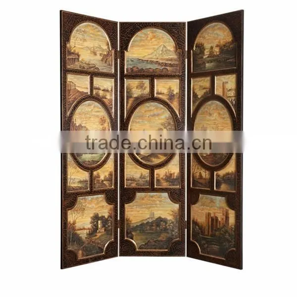 Antique Wood Carved Four Pane Folding Screen, Retro Furniture Traditional Hand Painted Screen, Decor Floor Screen With Crackle