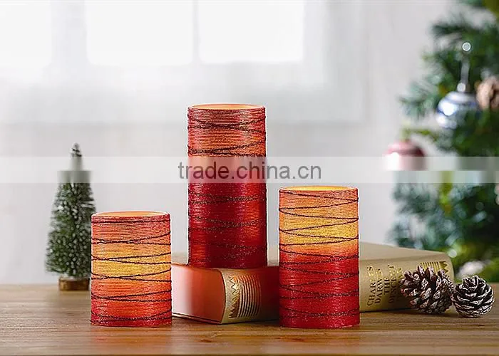 S/3 Flameless LED Red Christmas Candles With Silk Effect