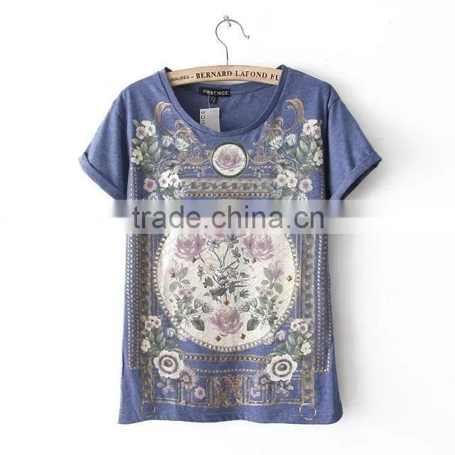 spring Summer New Fashion Women T Shirt Royal Wind Flower Print O-Neck Short-Sleeve Roll Up Hem Cotton T-Shirts clothing