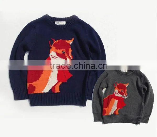 Cartoon Fox Pattern Boys Round Neck Pullover Sweater