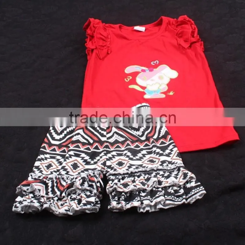 High Quality Embroidered Bunny Girls Cotton Summer Short Ruffle Outfits Kids Boutique Outfit