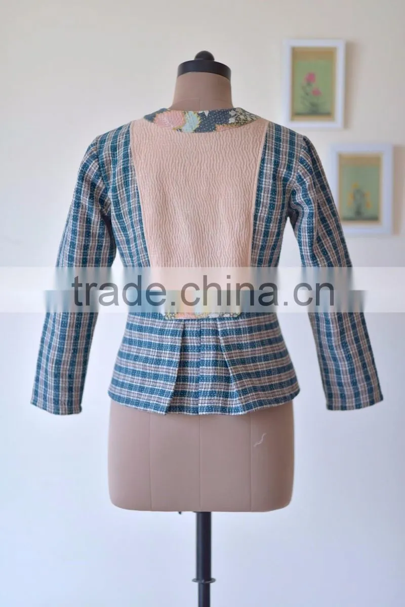 Handmade Boho Kantha Jacket in Plaid Print ~ Medium