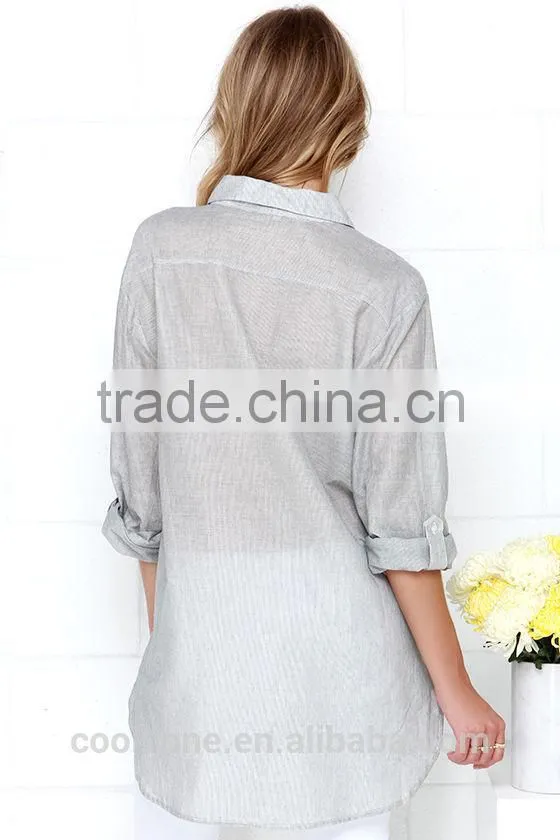 Loose short sleeve with pocket striped design lady blouse