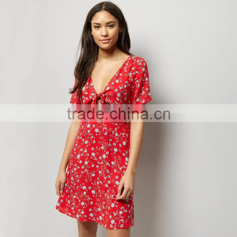 RED self bow V-neck women printed short sleeve dress
