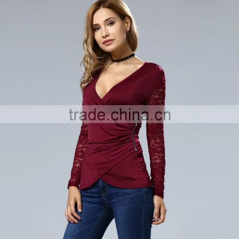 Clothes woman fashion long bell sleeve deep V neck lace blouse 2017