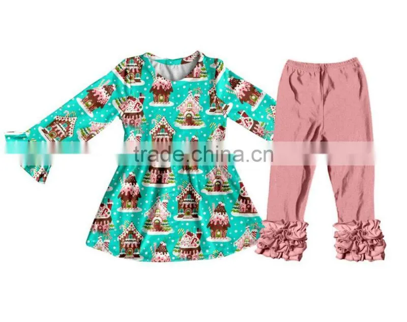 New Fashion Clothing Design For Kids Girl boutiquegin Gerbread House Clothing Sets Christmas Children's Outfits Ruffle Trousers