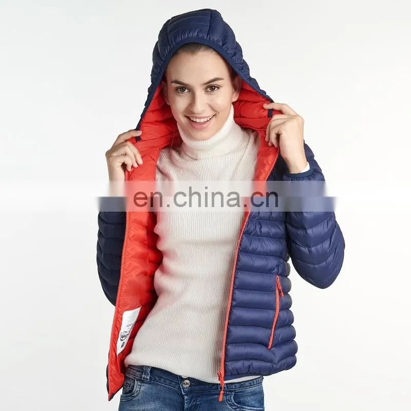 Fashion women dark blue lightweight down jacket with hood