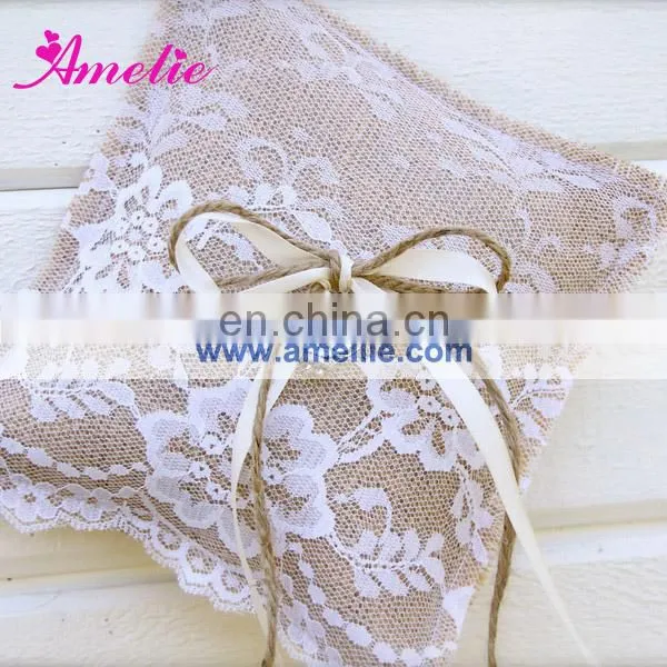 AR6802 White cotton flax ring pillow with lace wedding