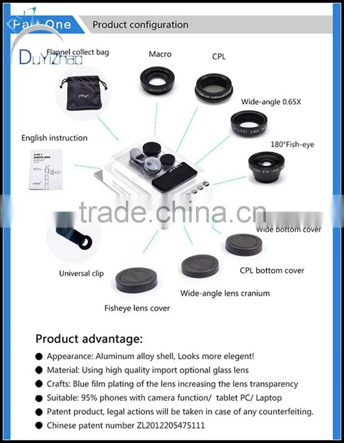 Wholesale mobile phone camera lens 4 in 1 fish eye lens, Macro,wide angle,CPL