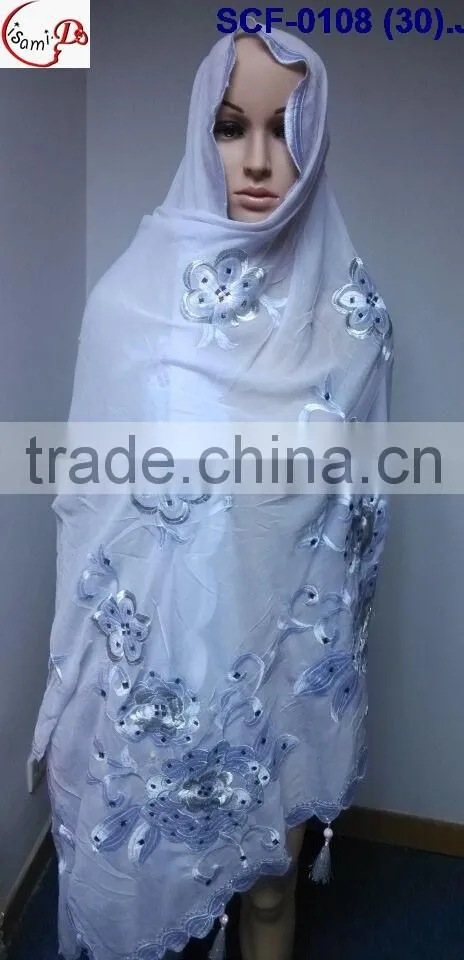 SCF -0108 white 2016 New coming design nice Muslim embroidery scarf ,shawls , pashmina shawl scarf , fashion women long scarf