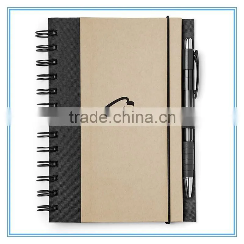 Double spiral recycle paper cover note book with pen