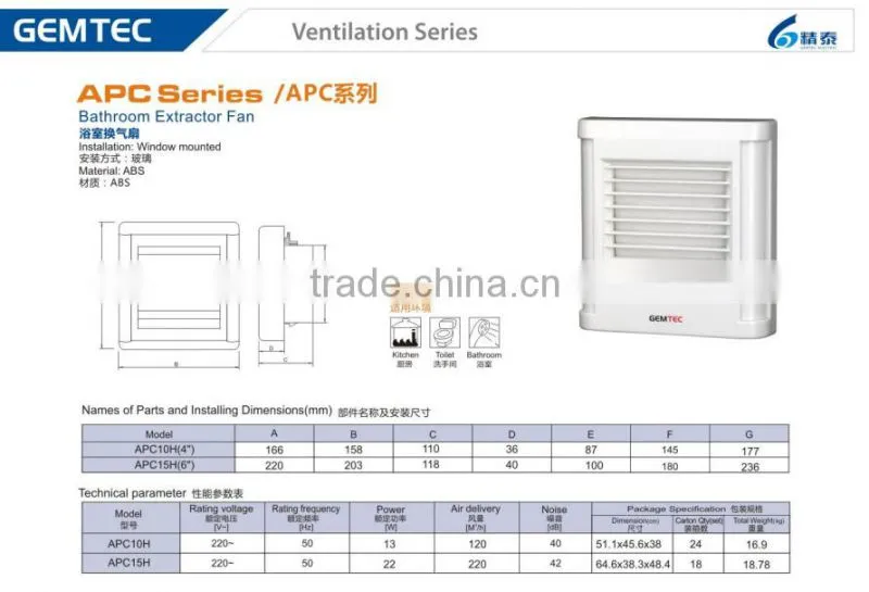 CB CE Axial flow window install Mini Electric Bathroom Ventilating Fan with pull cord APC H