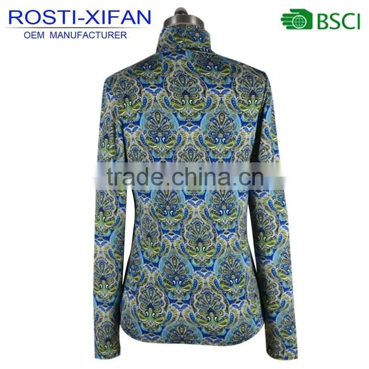 Fashion design Lady Flowers Printed Turtleneck Top Blouse Elastic Fabric