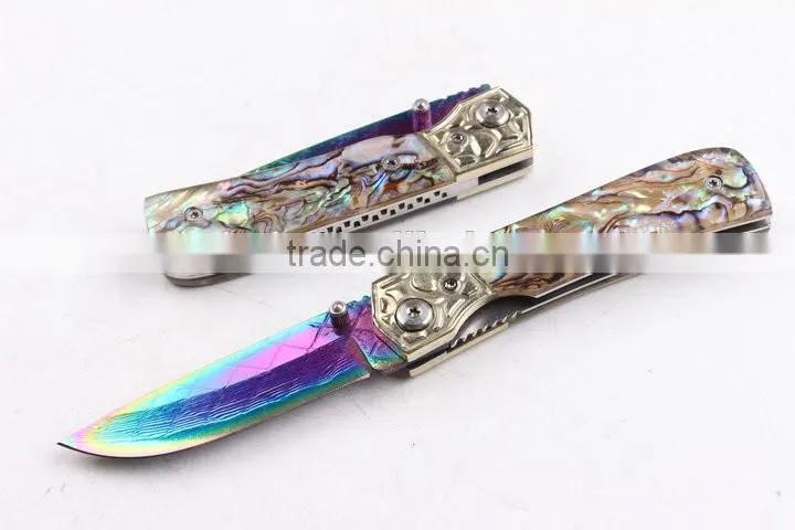 OEM Custom Hand Made Damascus steel Folding knife with Abalone