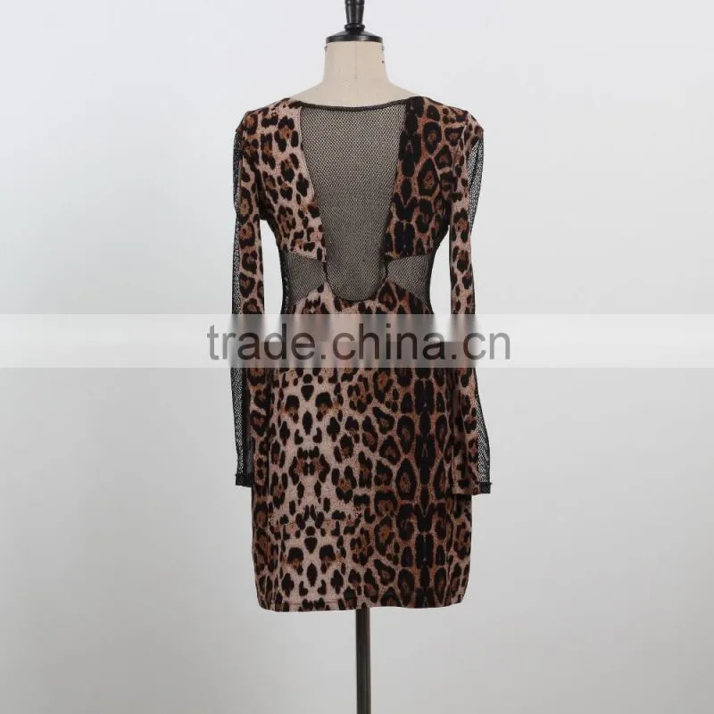 NEW ARRIVAL Sexy leopard bodycon dress 2016 deep V neck net dress custom dress supplier