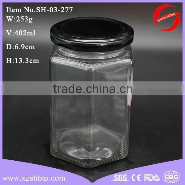 400ml hexagonal glass jar with metal screw top lid