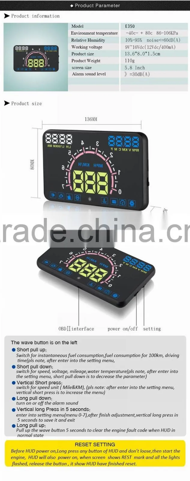 Latest Automotive E350 5.8" Inch Car OBD2 Headup LED OBD2 Display HUD