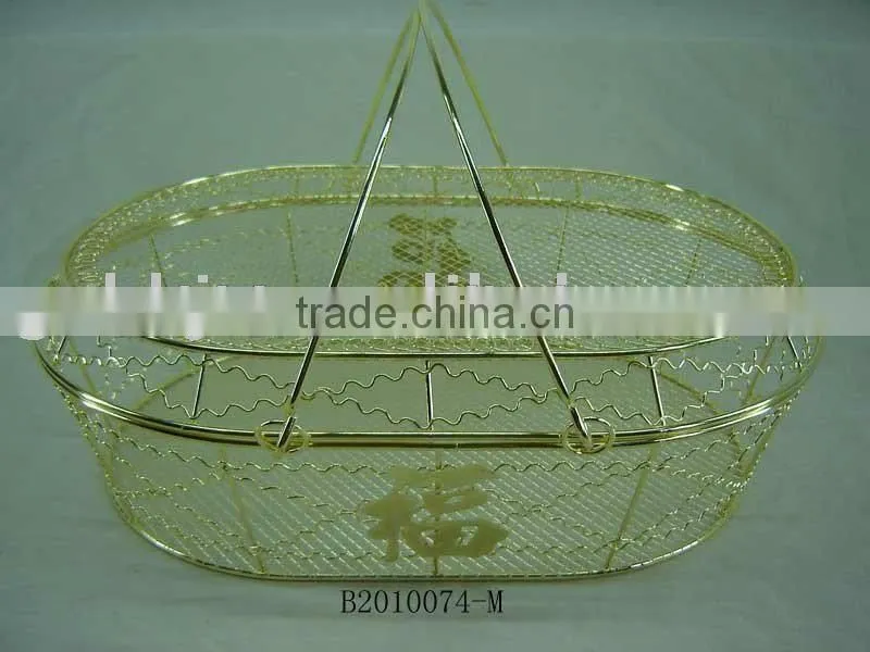 Gold metal wire egg shaped fruit basketry with lid&flexible handle