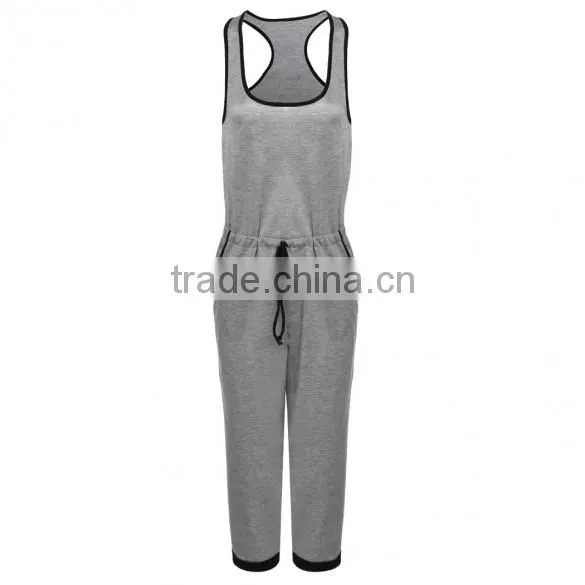 New Fashion O Neck Sleeveless Gray Calf-length Jumpsuit Drawstring Waist Pocket Casual Leisure Loose Romper Sexy Women Playsuit