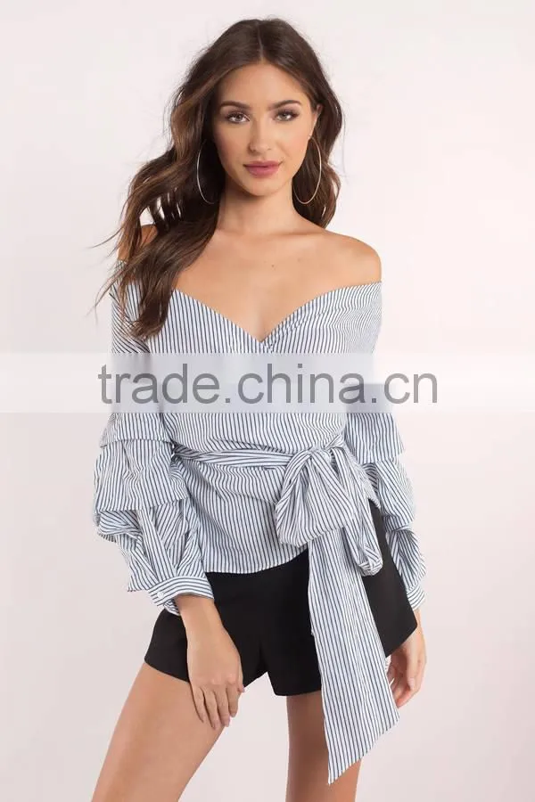 Wrap Neck Women Off Shoulder Stripe Blouse Women