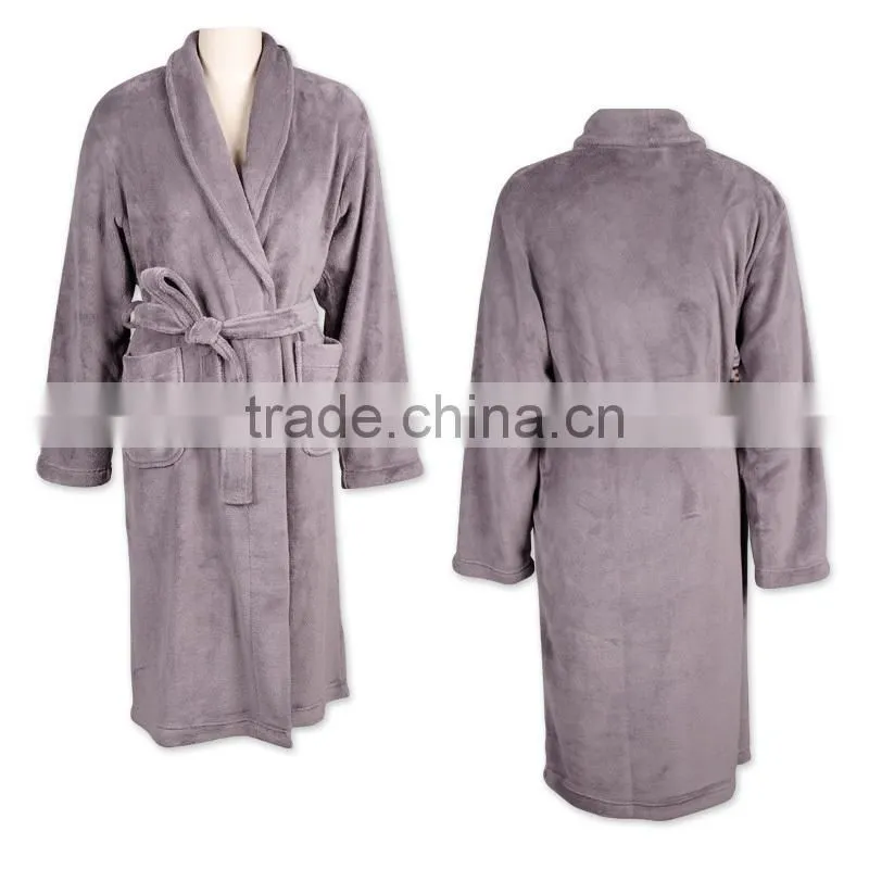 gray solid coral fleece bathrobe/100% microfibre coral fleece bathrobe