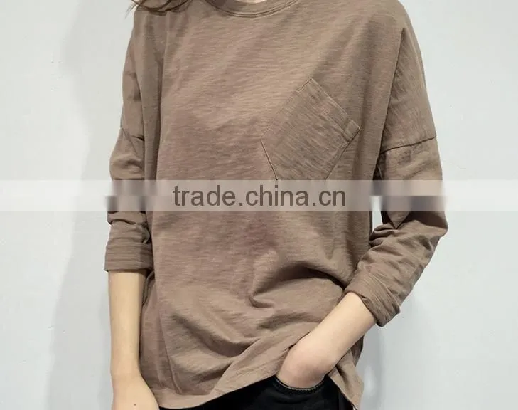 2016 new fashion long sleeve casual women t-shirt with pocket wholesale