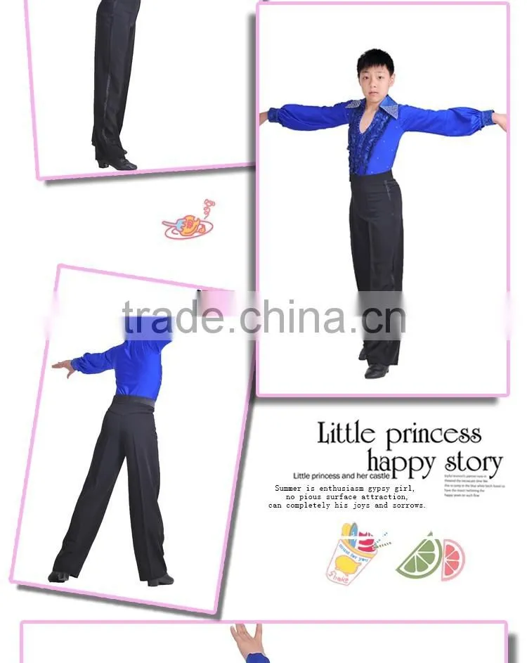 Boys Rhinstone Collar Stage Competition Clothes Kids Long Sleeve Latin Cha-Cha Dance Shirts Leotard