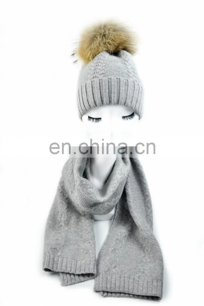 Factory Direct Wool Knitted Scarf Women Fur Pompom Winter Hat And Scarf Set