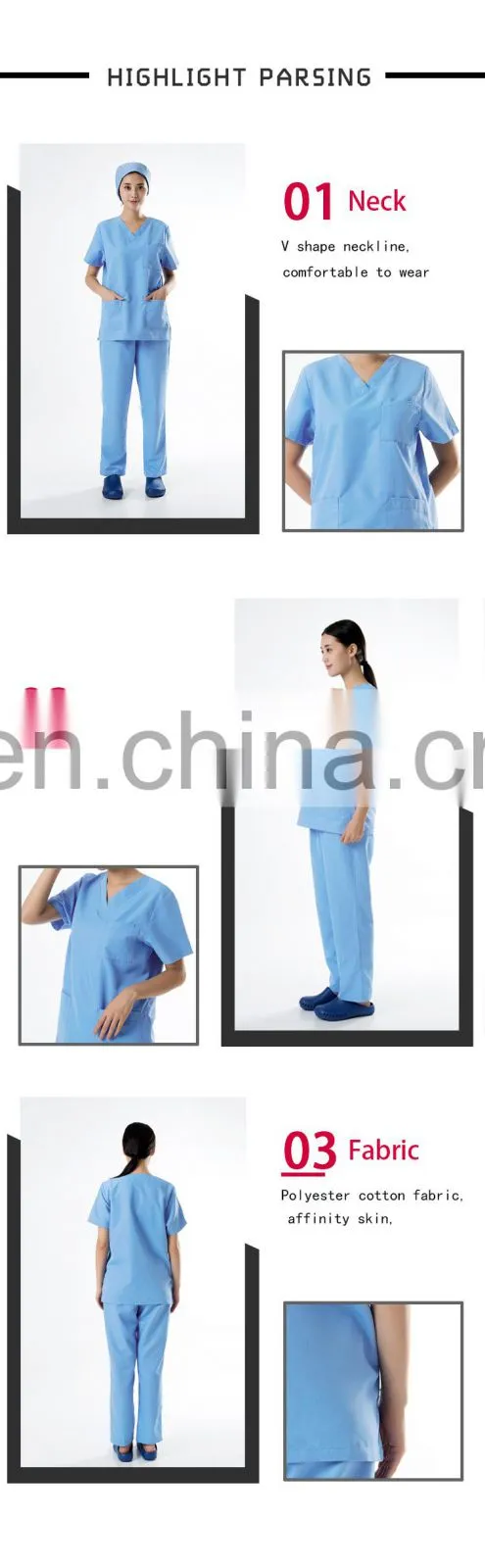 V-neck 3 Pocket Blue Polyester Cotton oem Medical Scrub Suits