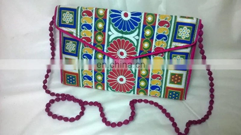 hot sale fancy beaded mirror women's girl's embroidery work hand made vogue indian clutch bag