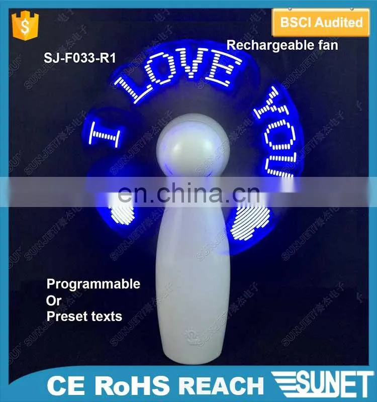 Hot sale promotion custom logo print and customized message rechargeable battery led fan