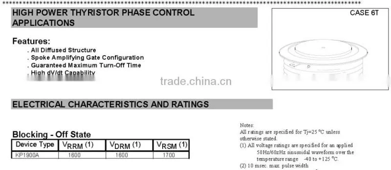 High power silicon controlled thyristor 1600V
