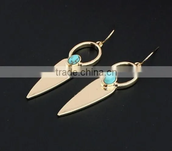 2016 Unique Fashion Design Gold Plated Polishing Turquoise Drop Earrings