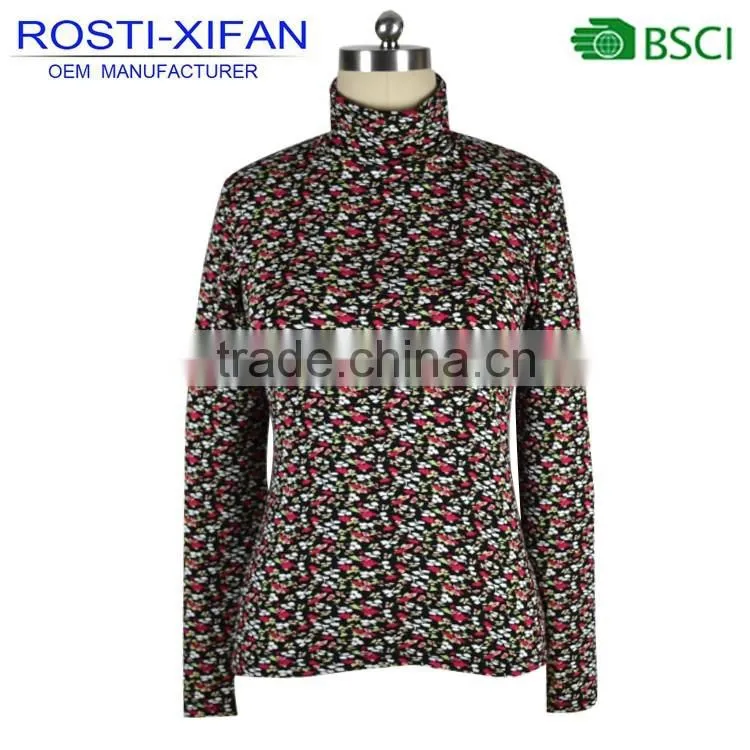 Lady Custom Flowers Printed Turtleneck Blouse Long Sleeve