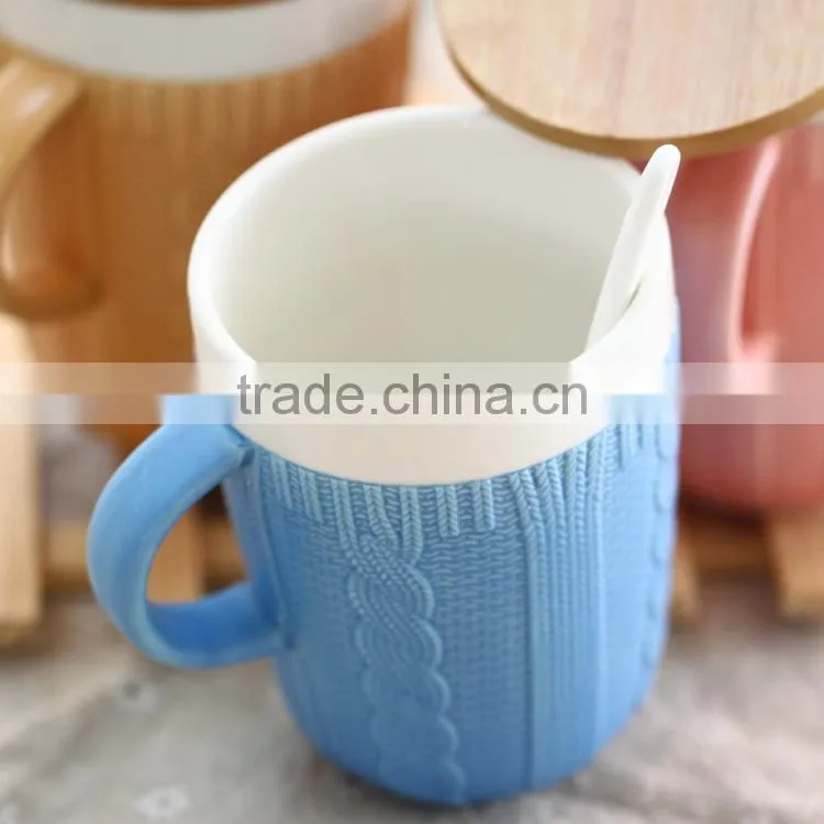 coffee mug with spoon and bamboo lid,innovative and promotion mug,ceramic mug