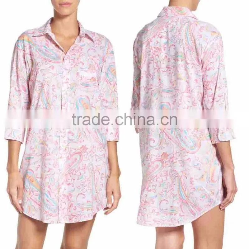 Ladies Sleep Shirt for Women Fashion Satin Cotton Solid Color Sleepwear with Short Sleeve Pajamas