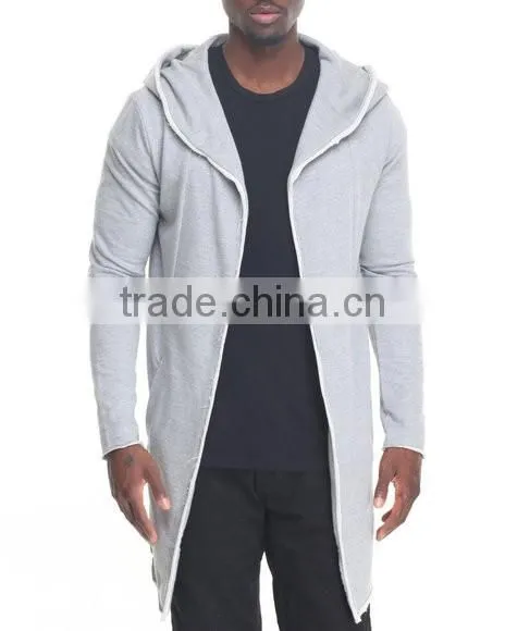 Open front Long sleeve men's elongated hoody coat attached hood made in China factory