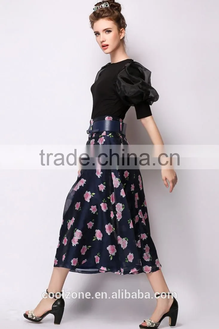 100% Polyester Sweet Floral Midi A-Line Bubble Skirt