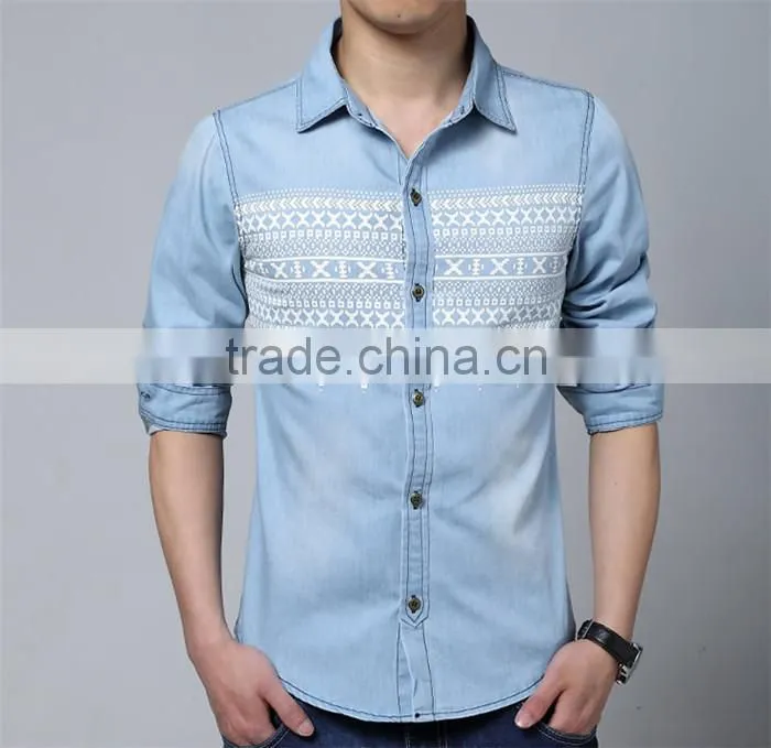 2016 New design men printed washed denim casual shirt , cowboy shirt