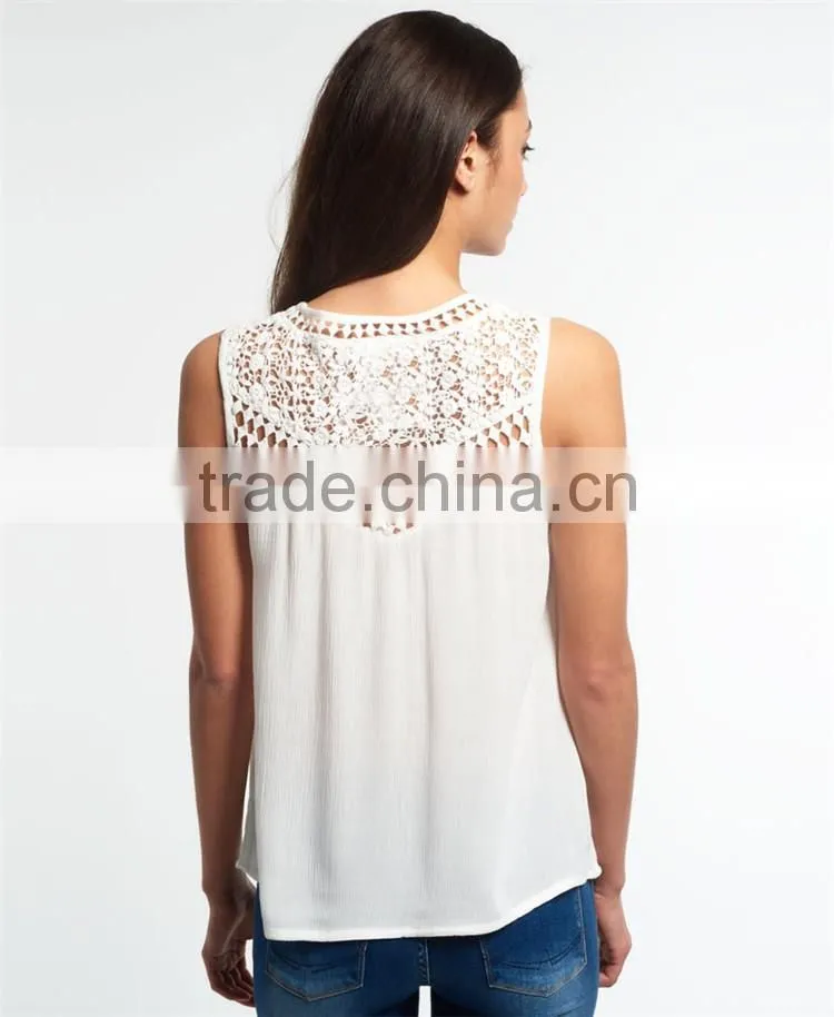Guangzhou Shandao Supplier Latest Model Casual New Design Sleeveless Net Collar White Chiffon Women Top 2015