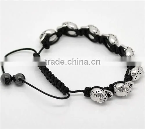 Clear Rhinestone Halloween Skull Beads & Hematite Beads & Black Braiding Adjustable Bracelet 20cm-25cm